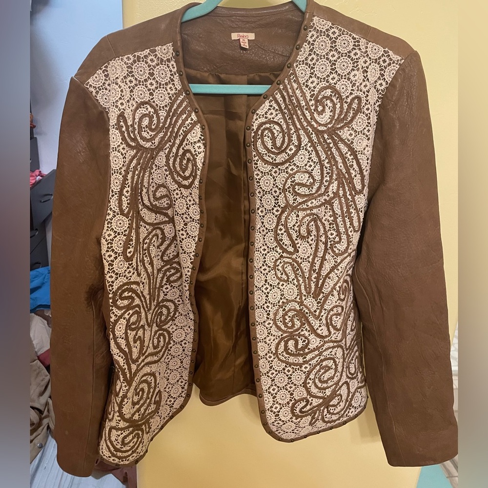 Brown Leather Jacket with lace detailing size xl